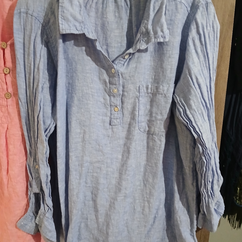 Women's Linen Button-Up Tops - Pink, Blue, and Coral Rolled Up Sleeves - Picture 6 of 14